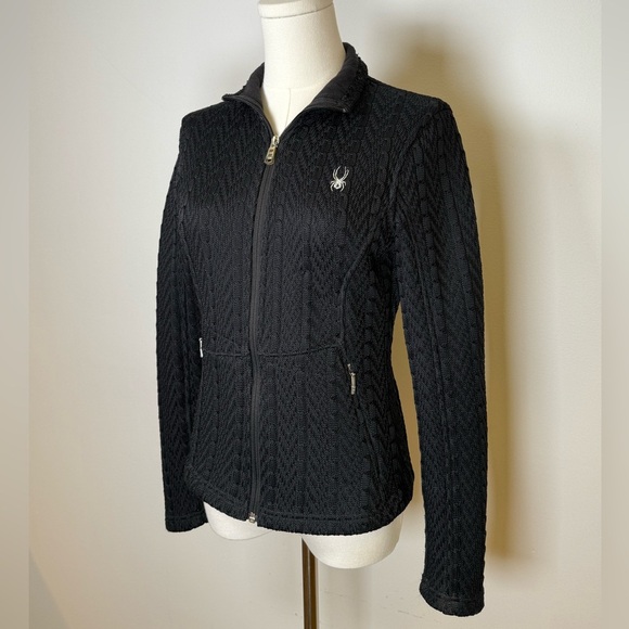 Spyder Black Cable Knit Full Zip Fleece Lined Sweater Jacket Women’s Size XS - Picture 3 of 16